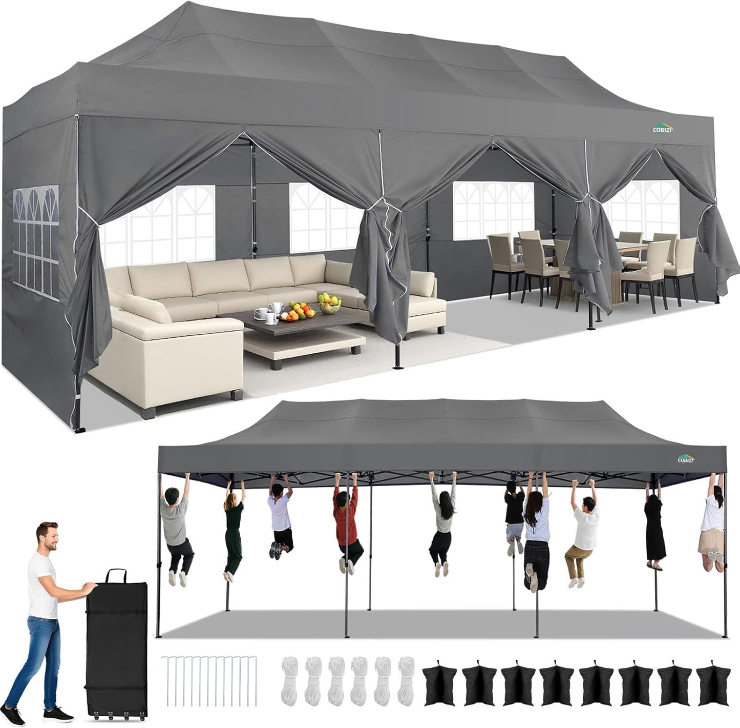 COBIZI 10x30 Pop up Canopy Tent Heavy Duty with 8 Sidewalls, Easy Set-up Commercial Outdoor Party Tent, 100% Waterproof Wedding Gazebo, 3 Height Adjustable with Wheeled Bag,Grey