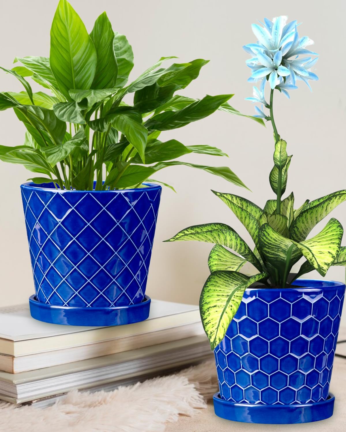 EFISPSS 6 Inch Pots for Indoor Plants,Ceramic Plant Pots,Planters with Drainage Hole and Saucer, Flower Pots Desktop Office Windowsill Decoration Gift Set of 2 - Sapphire Blue