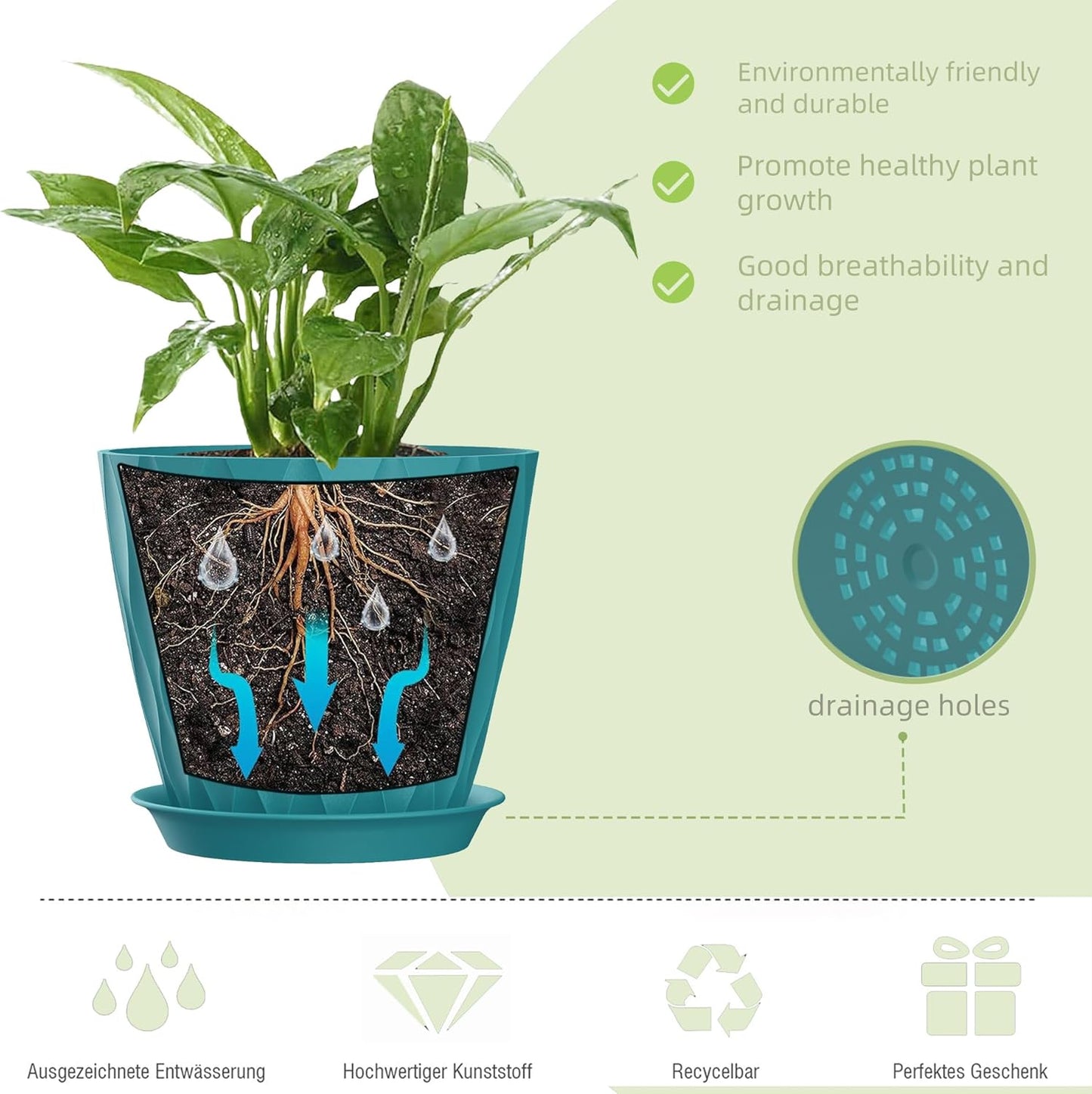 7 Inch Plant Pots 5 Pack, Flower Planters with Drainage Holes and Trays,Plastic Pots for Indoor Outdoor Plants,Green