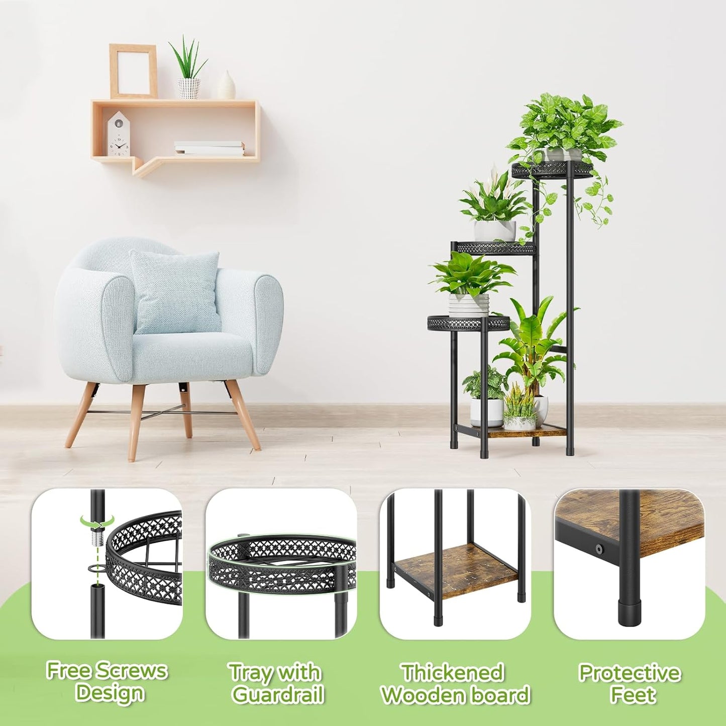 Plant Stand Indoor Outdoor, 4 Tier Metal Flower Pot Shelf Holder Clearance, Tall Corner Rack for Multiple Plants, Modern Organizer Display for Patio Orchid Office Porch Living Room Garden, Black