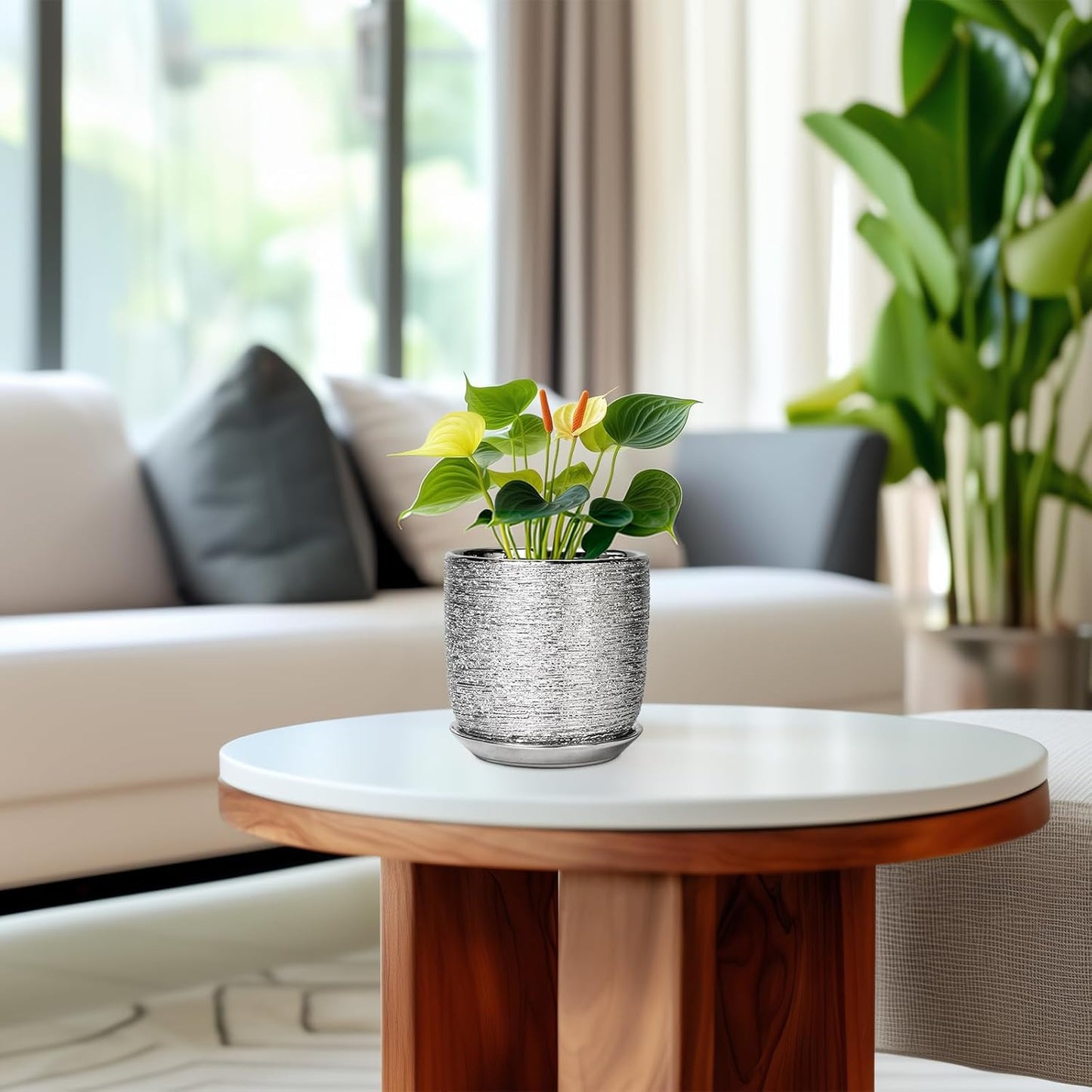 Ceramic Plant Pot 5 Inch - Indoor Planter with Drainage Hole and Saucer, Round Modern Flower Pot for Succulent Plants, Housewarming Gifts, Office Home Desk Decor, Silver