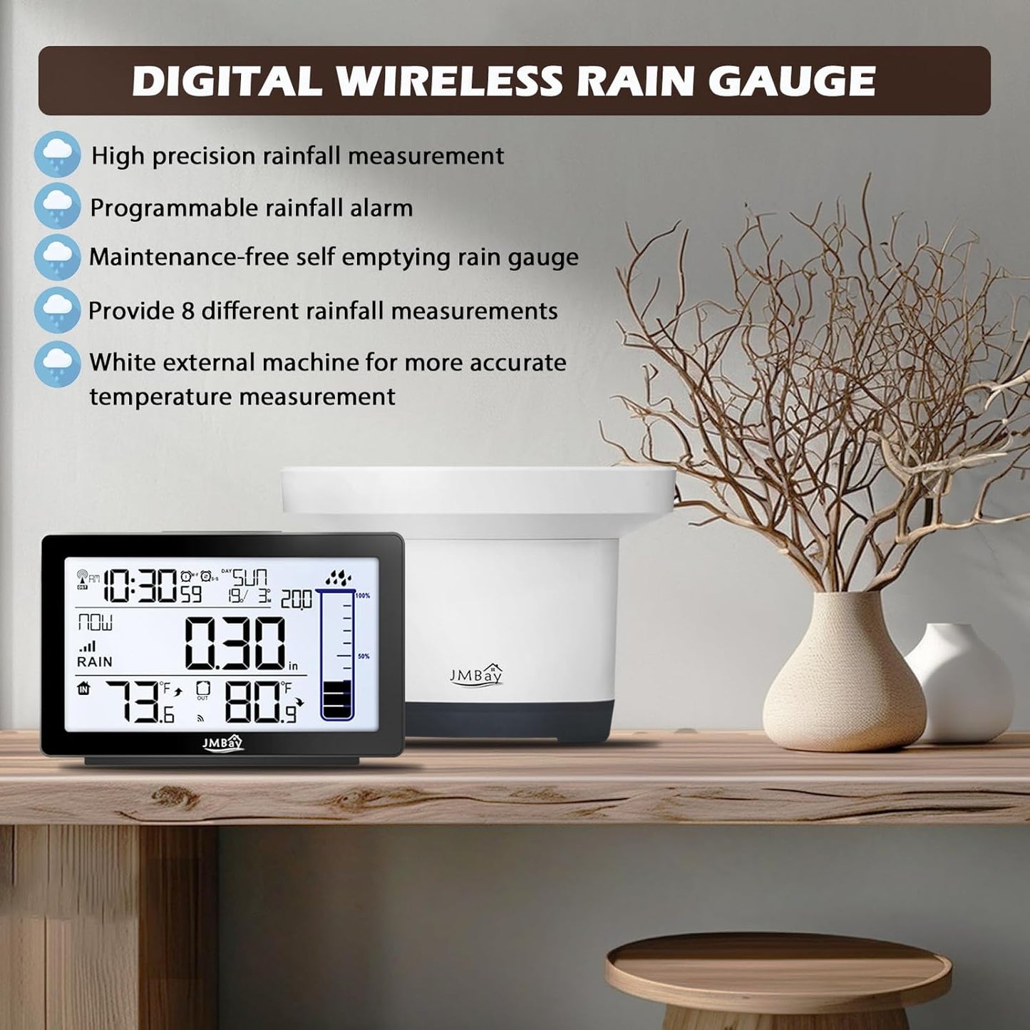 Wireless Rain Gauge Outdoor with Thermometer, High Accurate Digital Rain Gauges Outdoors Best Rated, Electronic Self-Emptying Remote Rain Collector, Freeze Proof Automatic Rain Measure Gauge for Yard