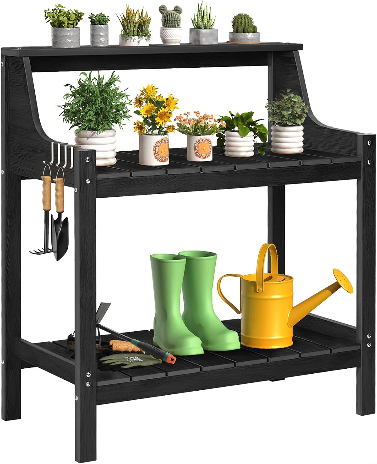 Potting Bench Table, HDPS Potting Bench with 4 Side Hooks, All-Weather Garden Table Work Station, Outdoor Potting Table for Porch, No Rust, No Fade, No Break, 360lbs Capacity (Black, Large)