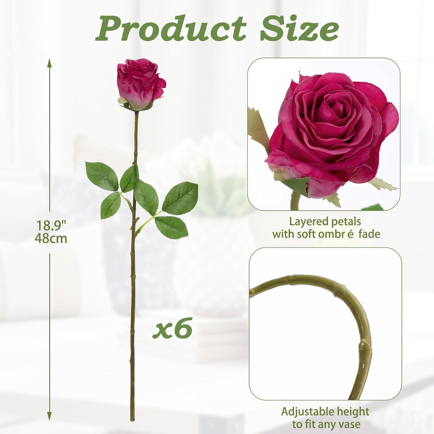 Briful Hot Pink Artificial Roses – 6PCS 18.9" Silk Rose Faux Flowers with Long Stems Realistic Fake Rose Bouquet for DIY Wedding Arrangements Table Vase Centerpieces Home Event Decor