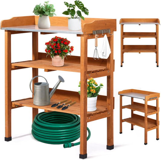Outdoor Potting Bench Garden Work Station, Solid Wood Planting Table w/Sink Drawer Shelves,Metal Top, Folding Patio Furniture for Porch Balcony (29.1 x 14.2 x 35.6(Orange Yellow))