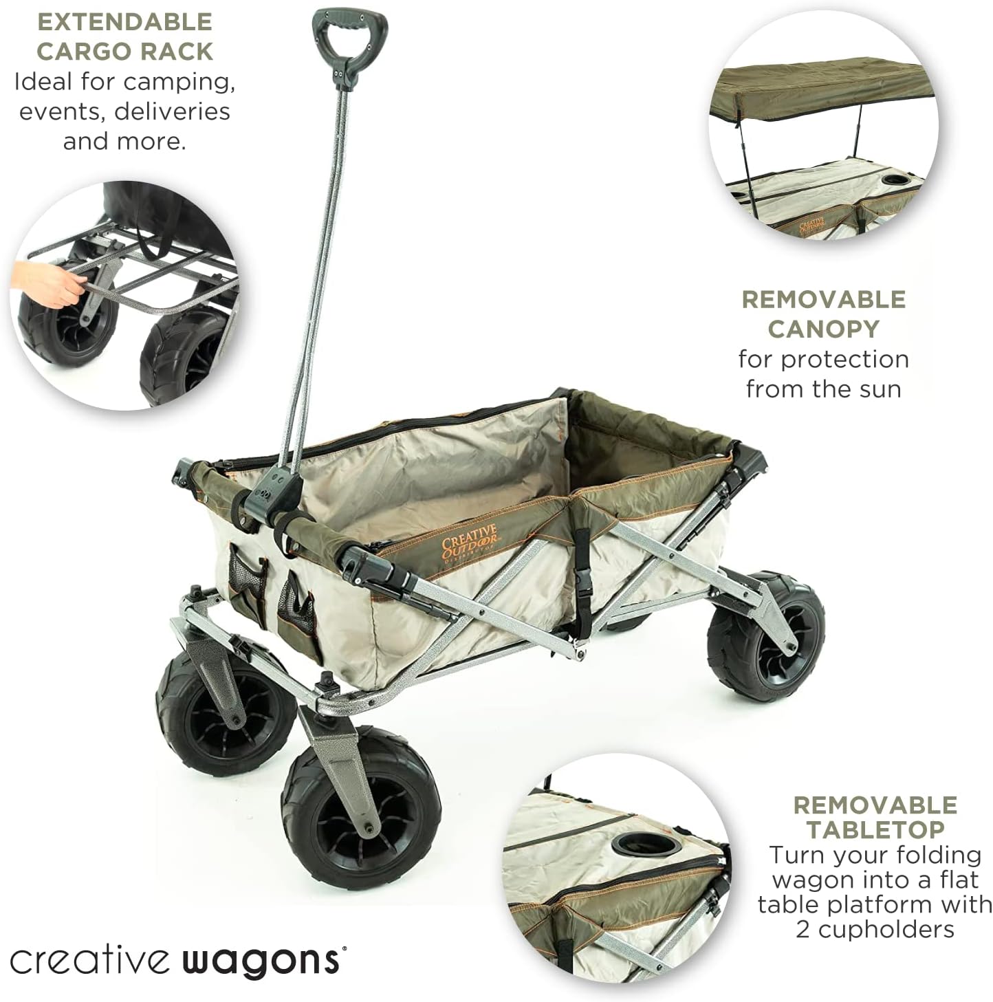 Creative Outdoor Push Pull Stroller Wagon, Beach Hauler XXL with Canopy, Collapsible and Portable Heavy Duty Folding Cart, Supports up to 200lbs Weight Capacity, Giant 10" Wheels