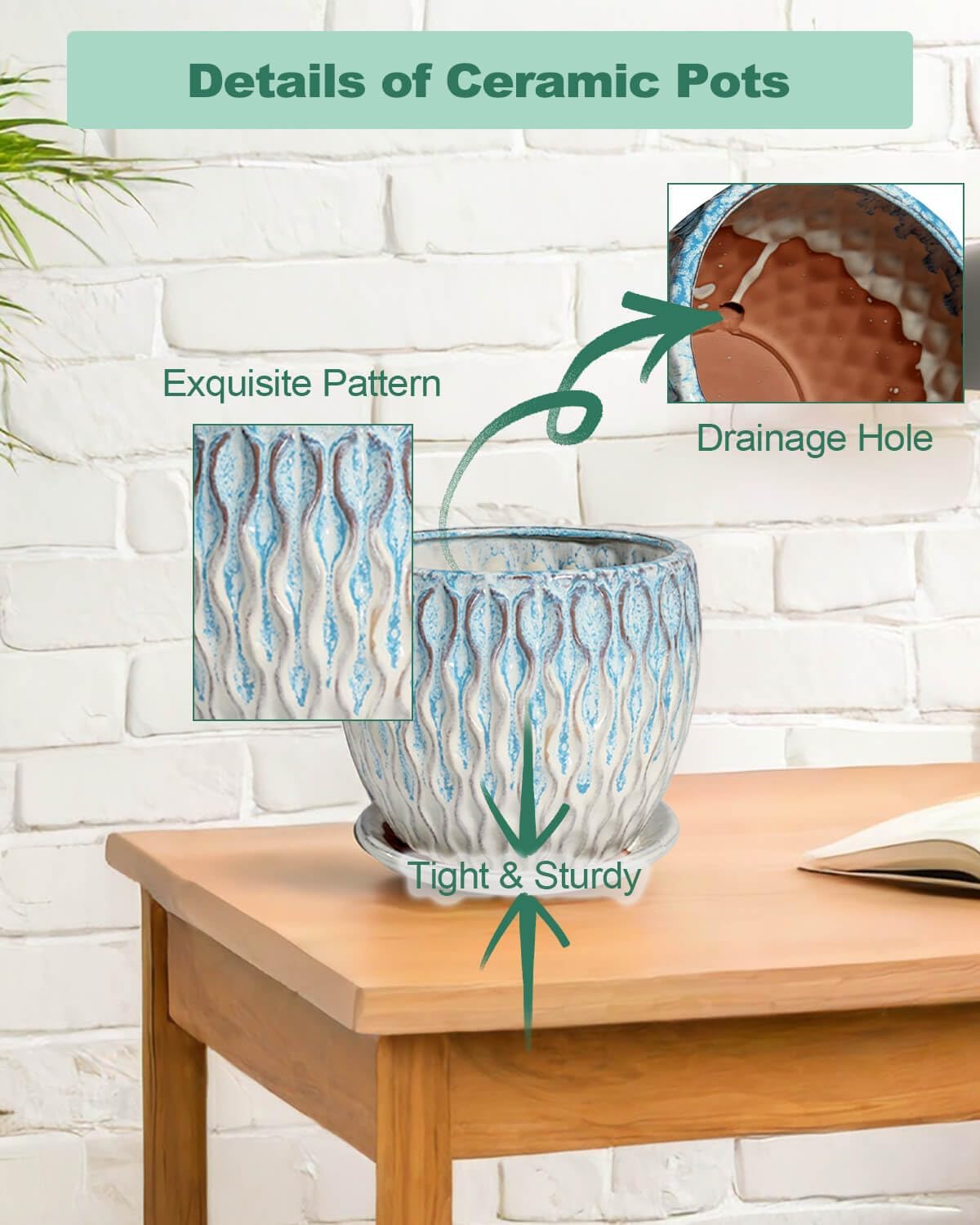 vensovo 7.5 Inch Ceramic Plant Pot with Drainage Holes and Saucer - Large Round Orchid Pot for Indoor Repotting, Ceramic Planter Maintain Air Circulation, Blue