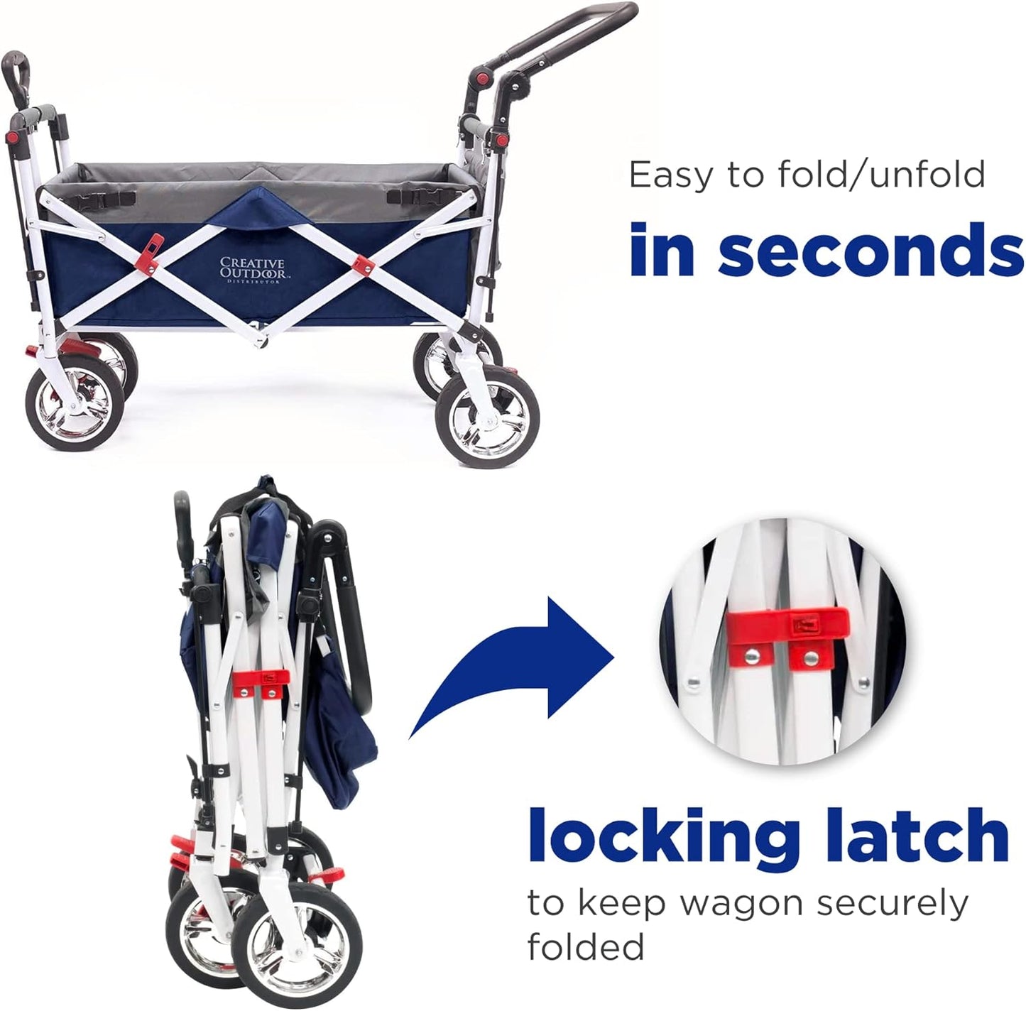 Creative Outdoor Wagon for Kids Push Pull Collapsible Stroller Folding Cart | Silver Series | Beach Park Garden & Tailgate | Navy Blue