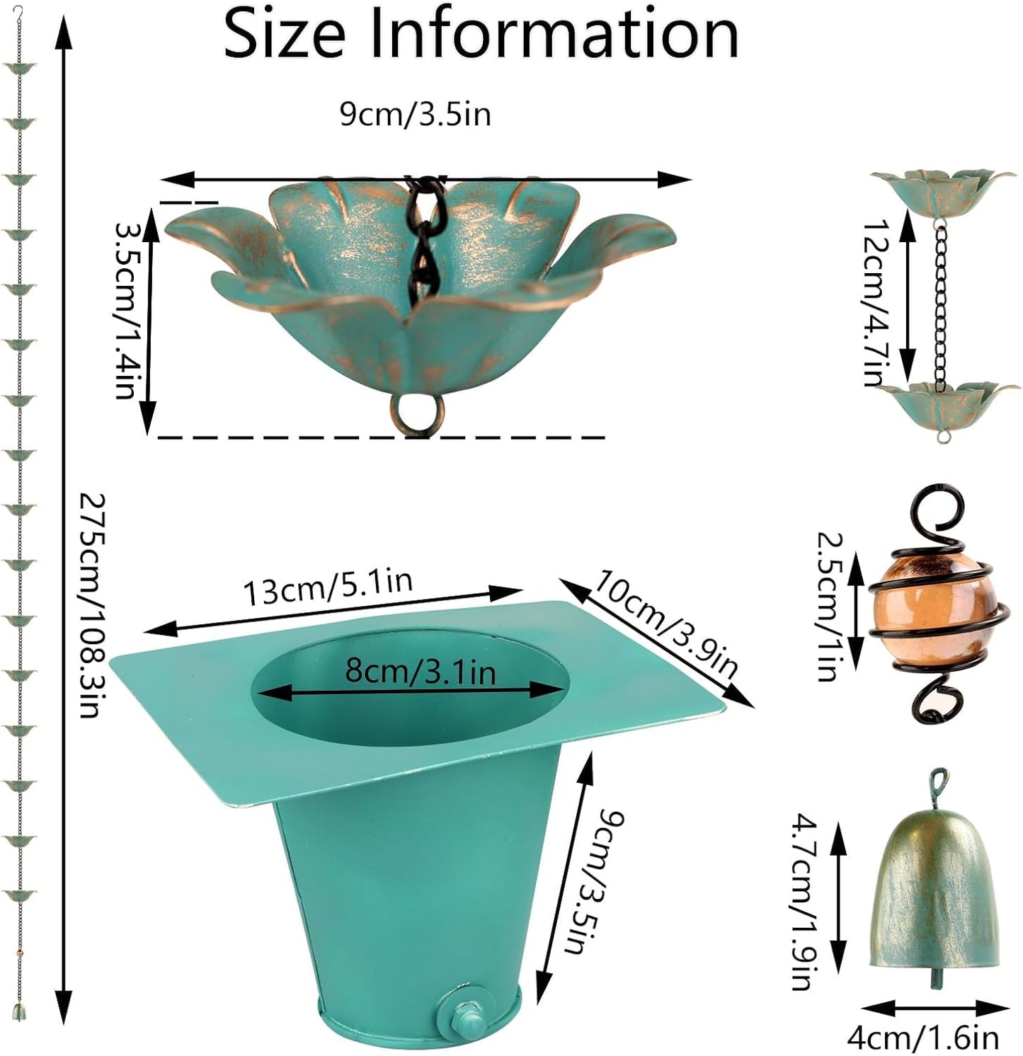 9FT Rain Chain Set with Adapter, Anti-Rust Rain Chain for Ouutside, 16 Flower Rain Chain for Gutter,Garden Decoration Rain Chain, for Family,Friends (Light Blue)