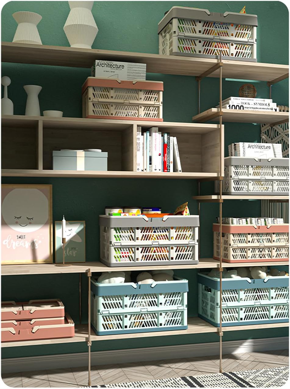 20L Plastic Collapsible Storage Crate - Foldable Handle Crate Storage Basket Bin - White & Gray M