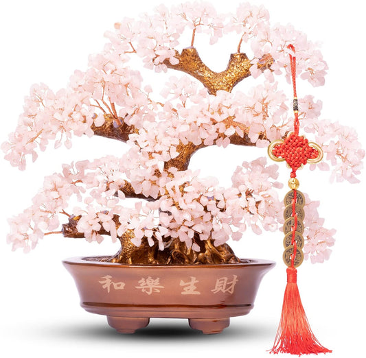 Natural Rose Quartz Tree Large,14" Chakra Crystal Tree(1,251 Gemstone Count) w/Lucky Coins Chain Healing Properties - Bonsai Feng Shui Money Tree for Love Self Care Home Office Decoration