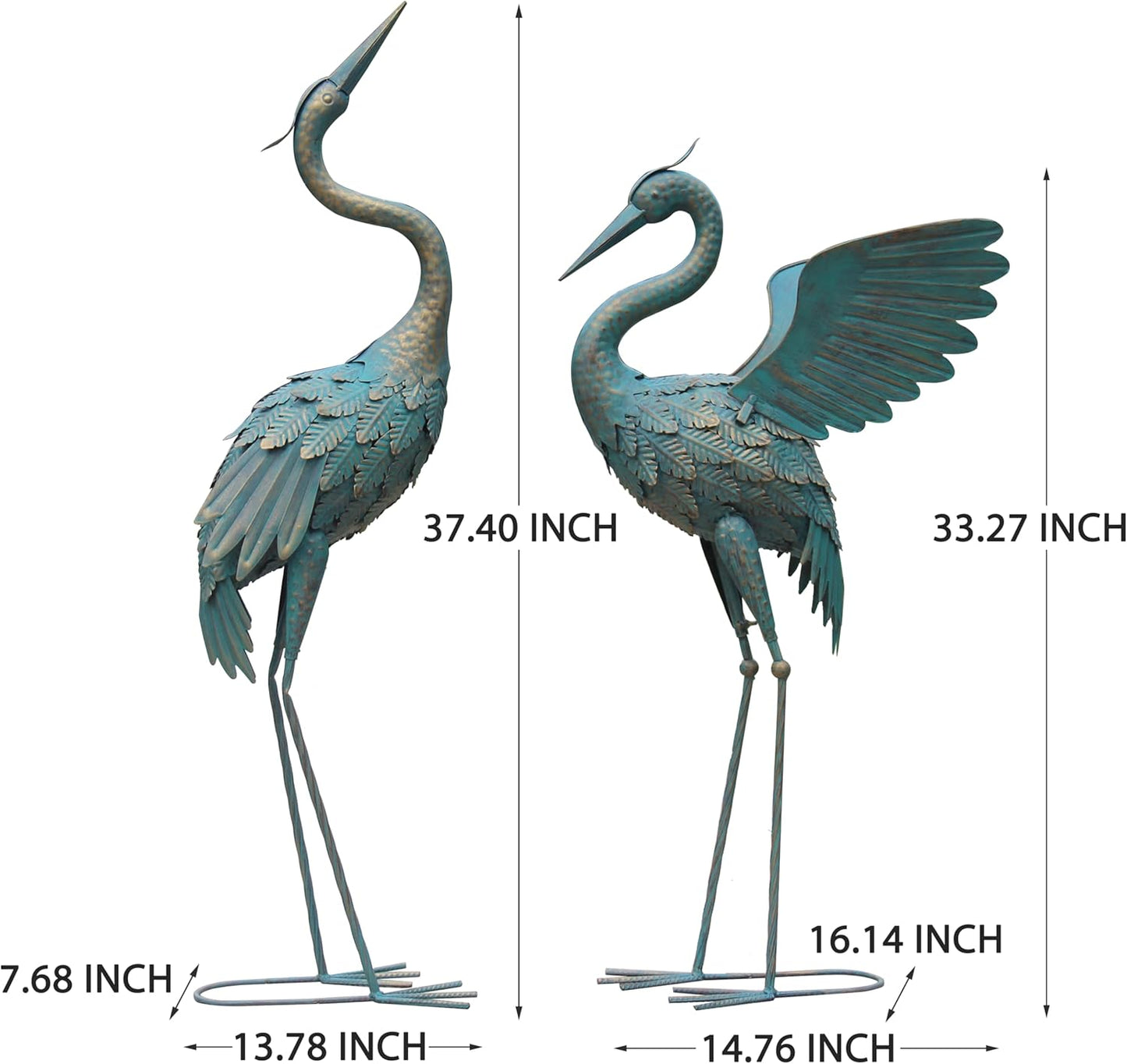 33-37 Inch Metal Crane Garden Statue Décor, Bird Garden Sculpture & Statues, Outdoor Decoration for Yard Patio Lawn Backyard Pool, Vintage Spread Wings Crane, Set of 2