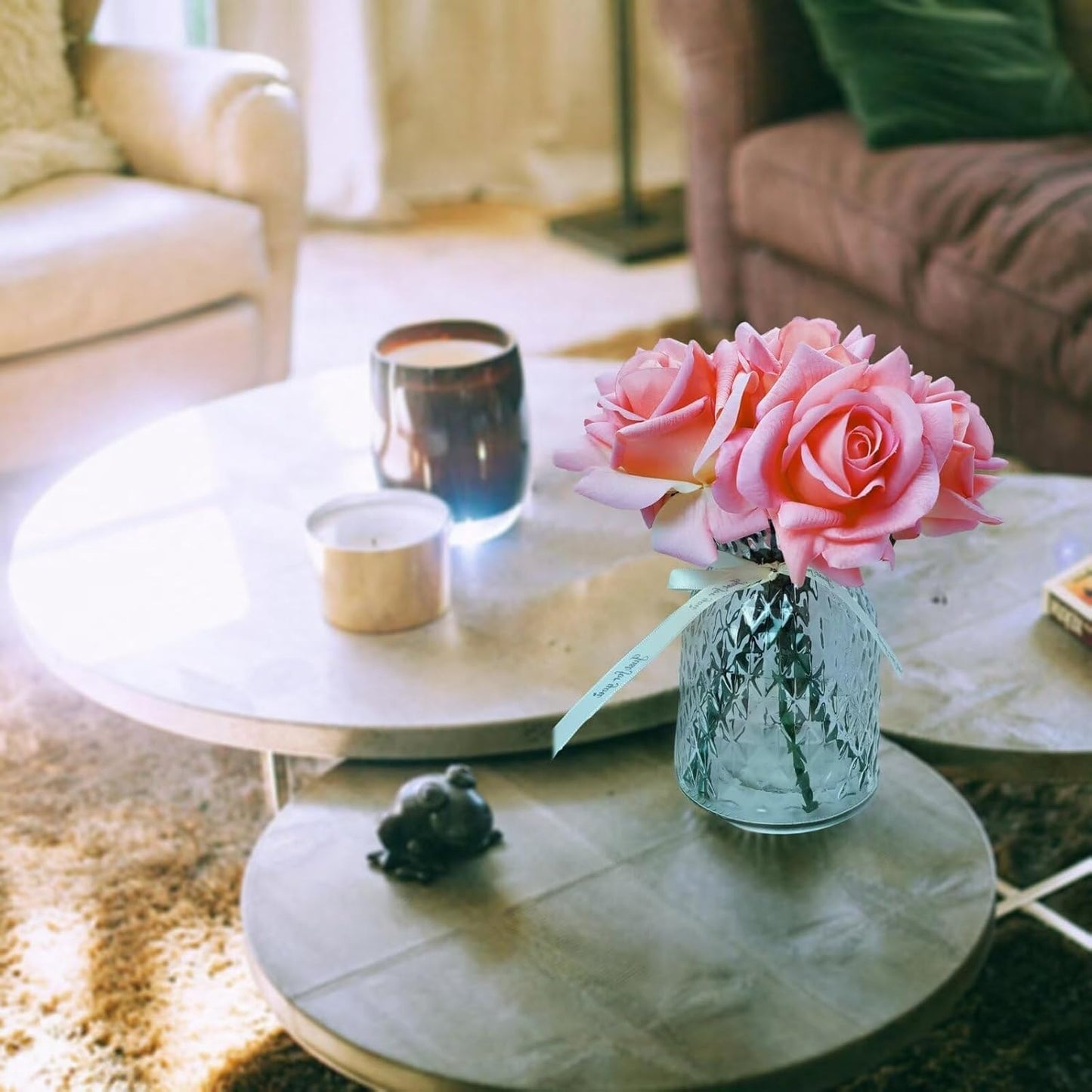 Artificial flower real touch roses feel and look realistic fake roses with short stems, suitable for gift, for wife girlfriend mom friends, Indoor home table，cake, hotel, car decoration (white)