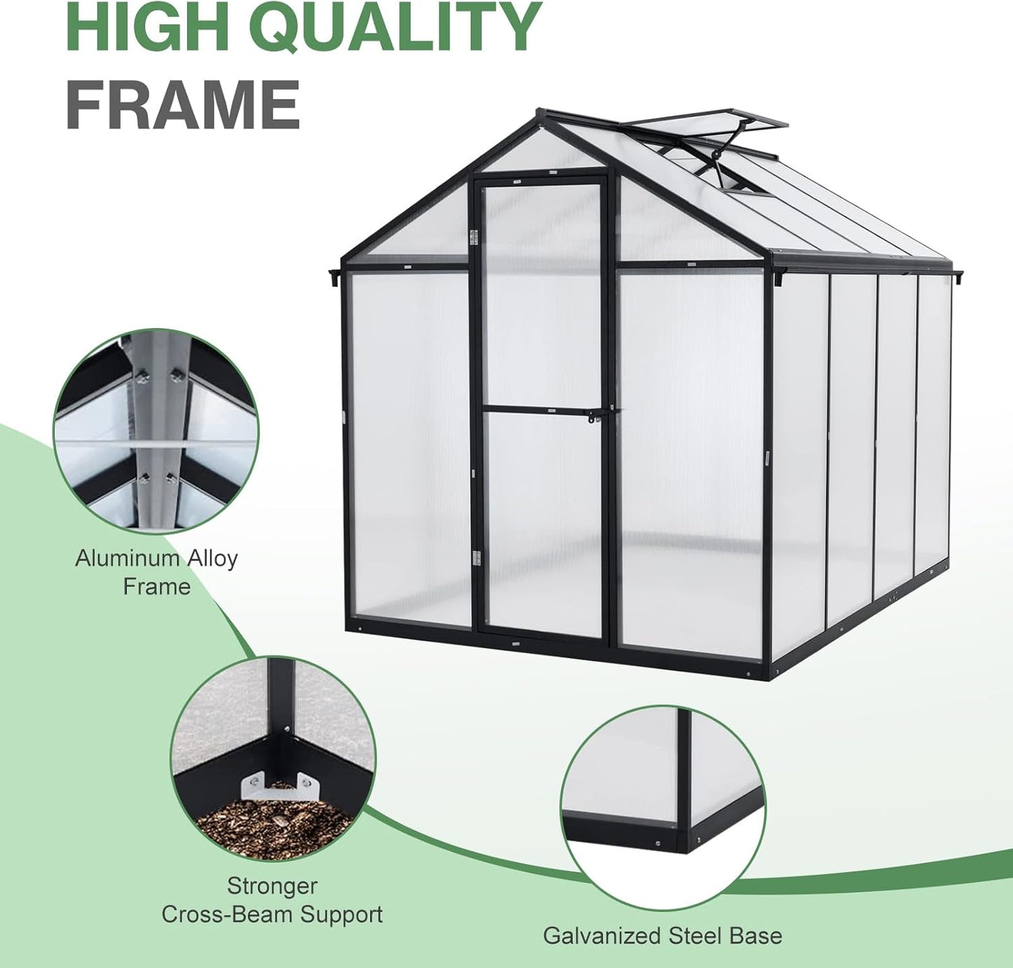 Aoodor 6 x 8 Ft Walk-in Greenhouse with Gutter, Polycarbonate and Heavy-Duty Aluminum Frame, Adjustment Skylight and Lockable 2-Sided Door for Patio, Outdoor, Yard, Lawn Use, Black