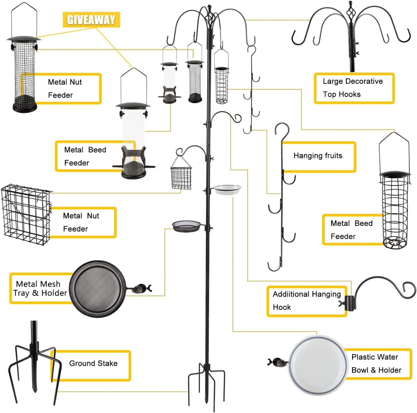 Bird Feeder Station with Suet Cage & Water Bowl Fruit Hook- Adjustable Pole, 6 Hanging Hooks for Wild Birds, Outdoor Garden Bird Feeding Kit