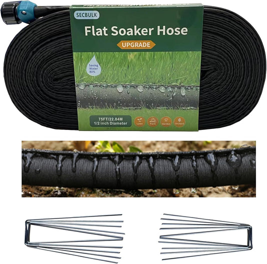 2025 Flat Soaker Hose 75 ft with Stakes for Garden, 75ft Linkable Drip Hose Diy Garden Irrigation System Saving 80% Water, Dual-layer Leak-free Design Water Hose with Holes