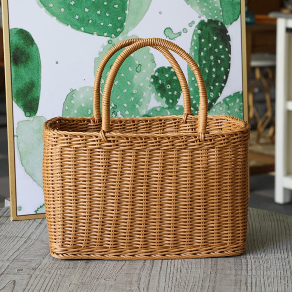 Alipis Decorative Woven Basket with Handle, Brown Plastic Rattan Flower Arrangement Basket for Storage, Picnic, Home Decor, Fruits, Vegetables, Camping, Weddings