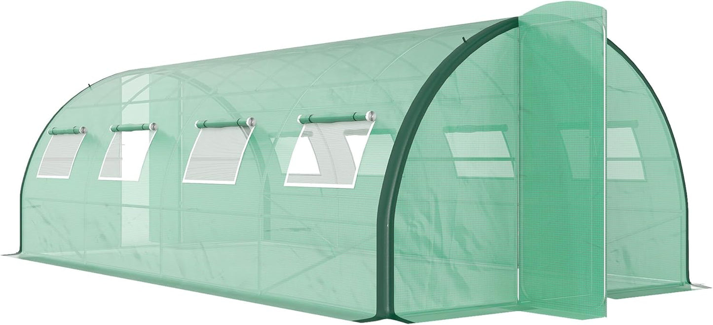 Outsunny 20' x 10' x 6.6' Walk-in Tunnel Greenhouse with Upgraded Structure, Outdoor Green House with 2 Hinged Doors, 8 Mesh Windows, Gardening Plant Warm House Tent, Green