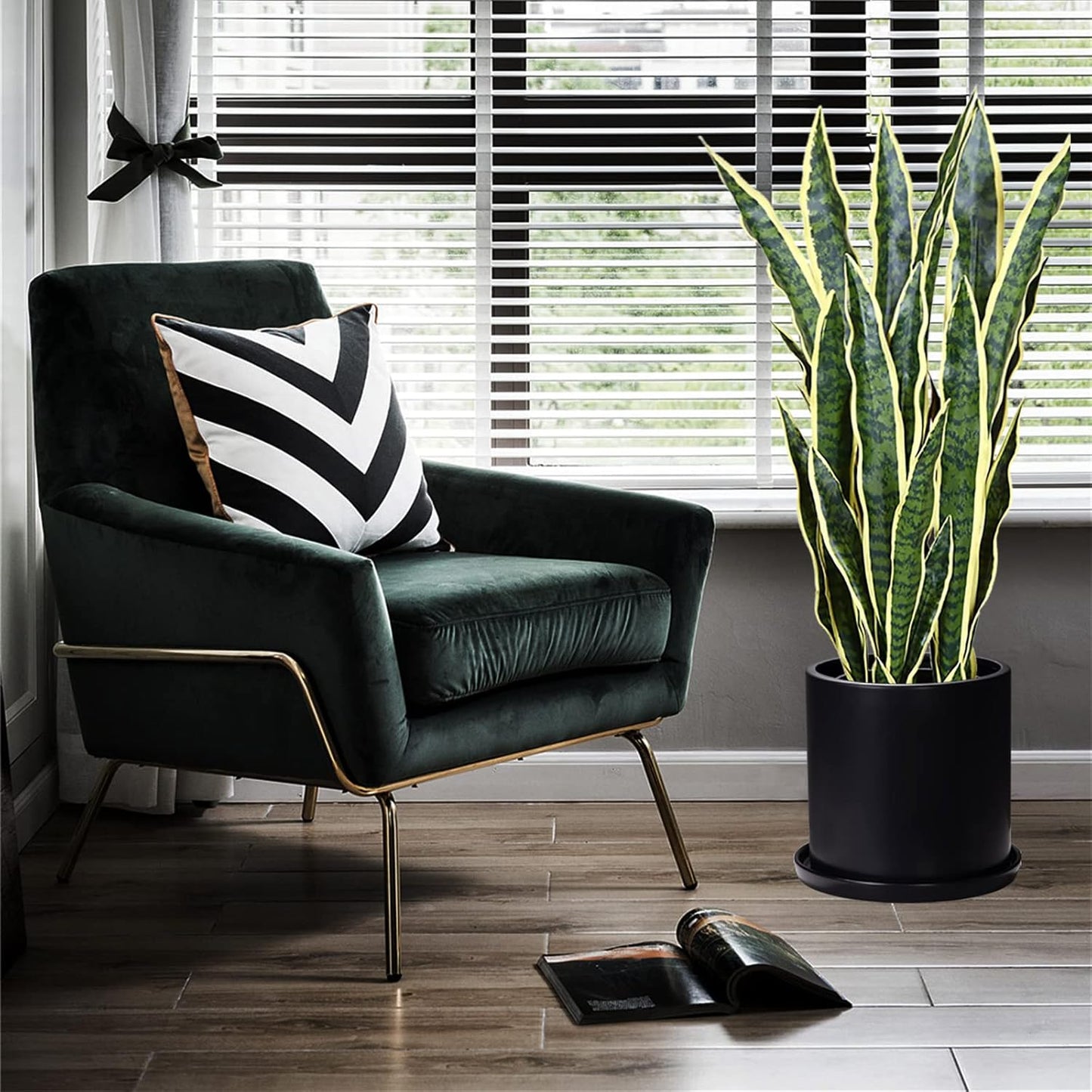 Plant Pots 10 Inch Ceramic Planter with Drainage Hole and Saucer, Matte Black Modern Cylinder Planter Pot for Indoor Outdoor Plants Flowers, Full Glazed Finish