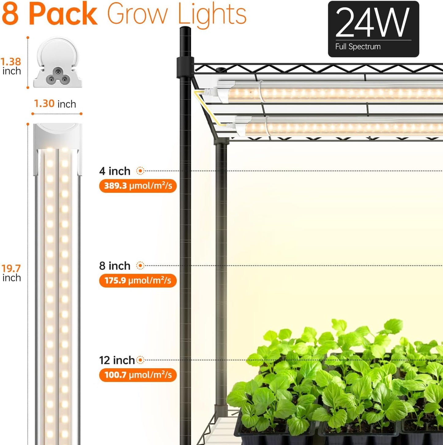 DIY Plant Shelf with Grow Lights, Grow Light Shelf with Adjustable Rack and Wheels, Plant Stand, 8-Pack 192W T8 3000K Full Spectrum Grow Lights for Seed Starting,Seed Tray(29.5L x 13.8W x70.9H)