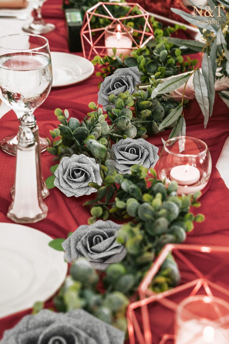 N&T NIETING Artificial Flowers Glowing Silver Flowers Foam 50pcs Glitter Roses Real Looking Fake Roses with Stem for DIY Wedding Bouquets Centerpieces Bridal Shower Party Home Decorations