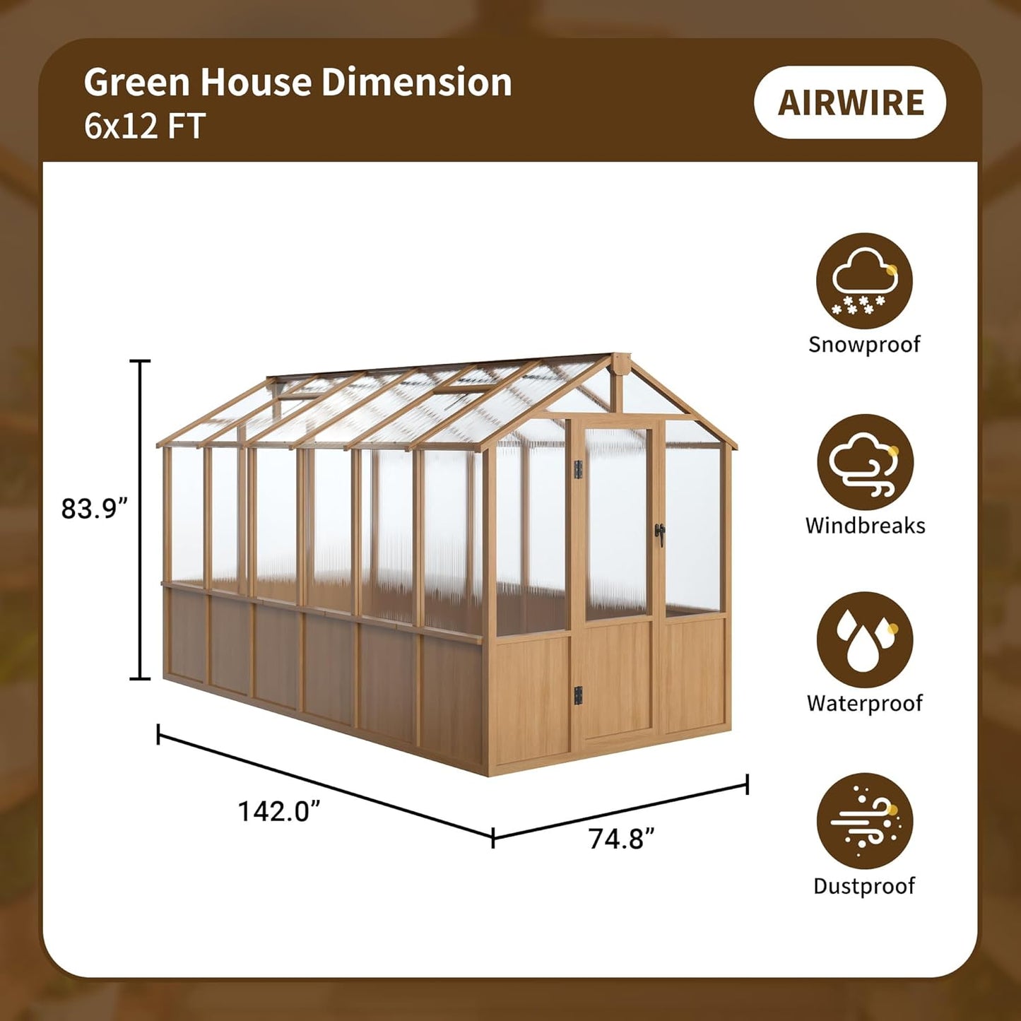 6x12 FT Wooden Greenhouse for Outdoors, Walk-in Greenhouse with 6MM Thick Polycarbonate Panel and Adjustable Roof Vents, Garden Backyard, Wood Colour