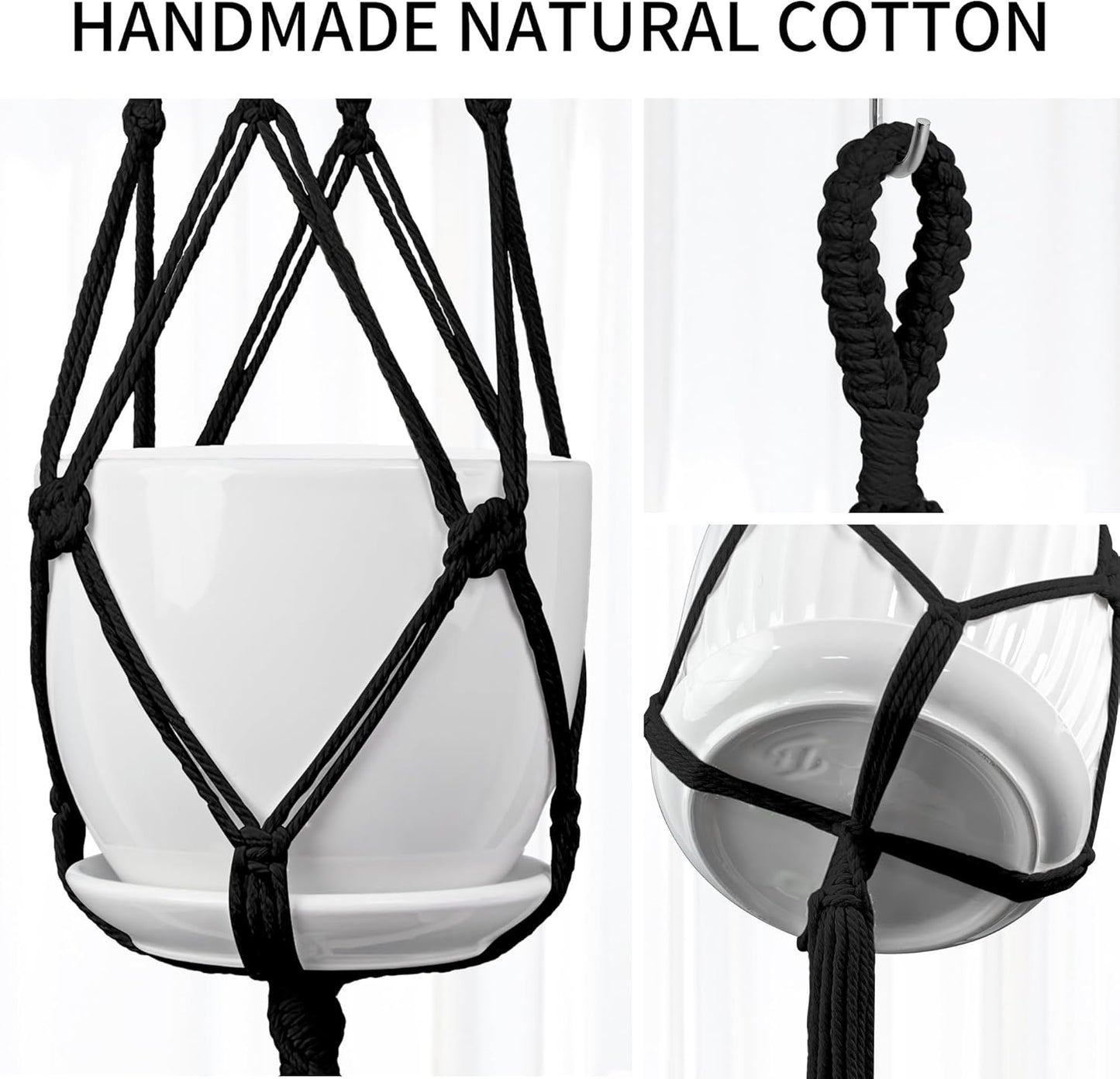 Macrame Plant Hanger, 34"/41"/46" 3 Sizes, Hanging Planters for Indoor Outdoor Plants, Flower Pot Holder with Wood Beads & Tassels for Boho Home Decor, 3 Pack, Black