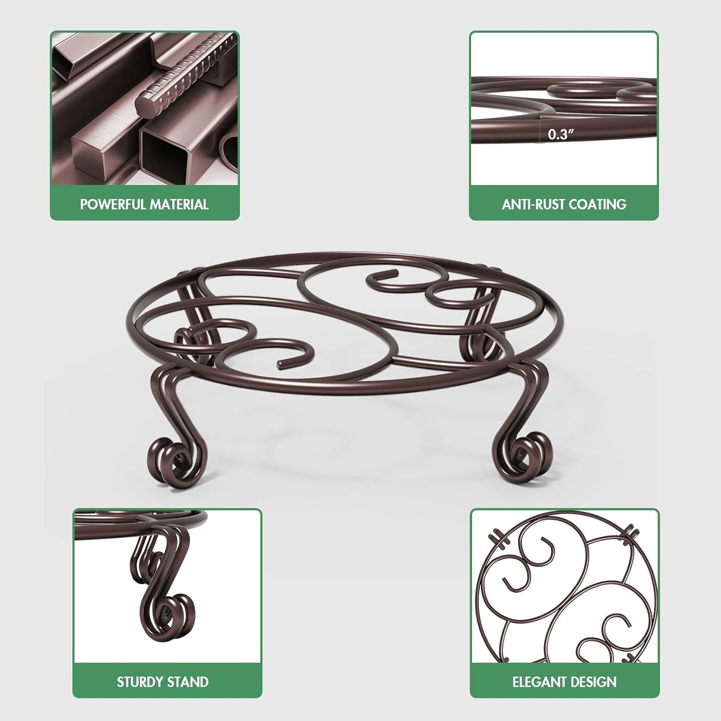 Yimobra 4 Pack Plant Stand for Flower Pot Heavy Duty Potted Holder Indoor Outdoor Metal Rustproof Iron Garden Container Round Supports Rack for Planter (4PC Brown 9.4 x 2 IN)