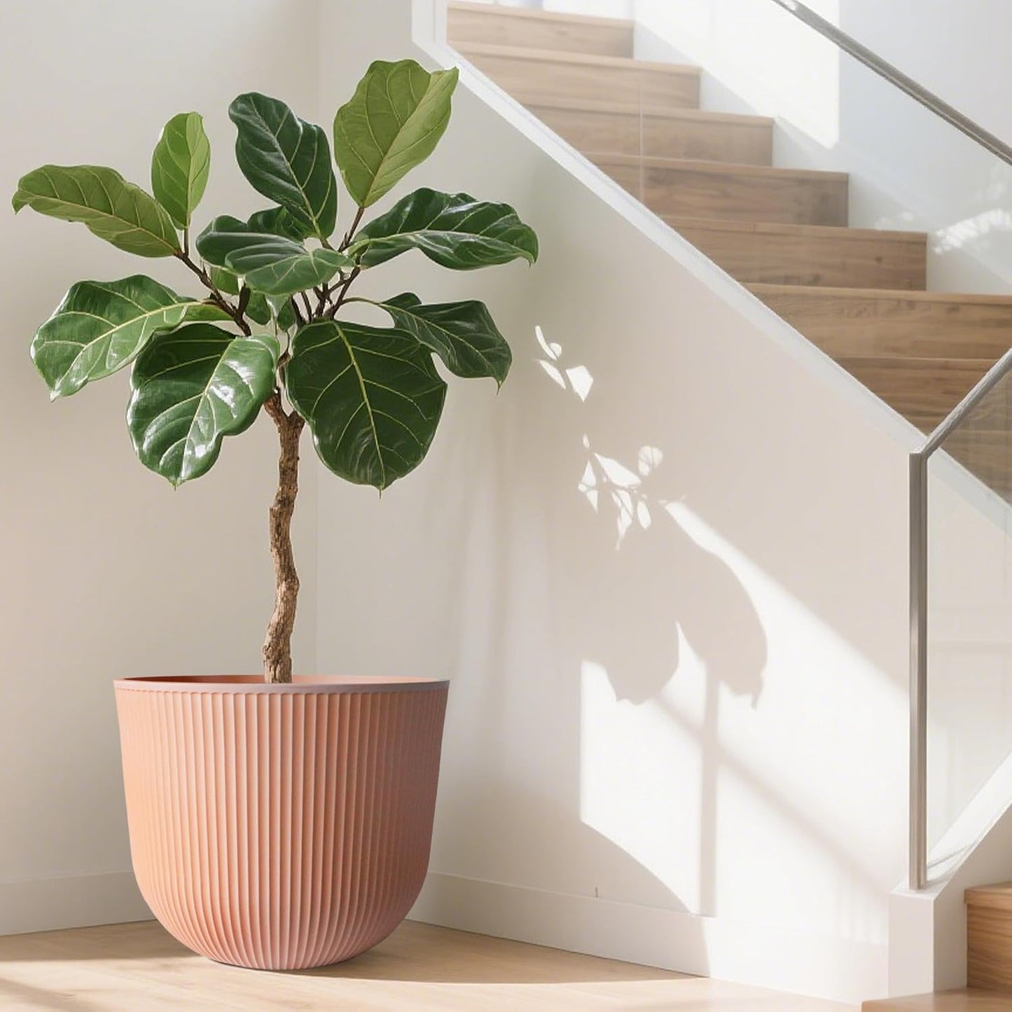 WORTH Garden Round Large Planter Pot 1-Pack, 17.5" Dia x 15.5" H - Durable Plastic Terracotta Plant Tree Pots with Vertical Stripe Textured Finish, Drainage Hole for Indoor Outdoor Front Porch Patio