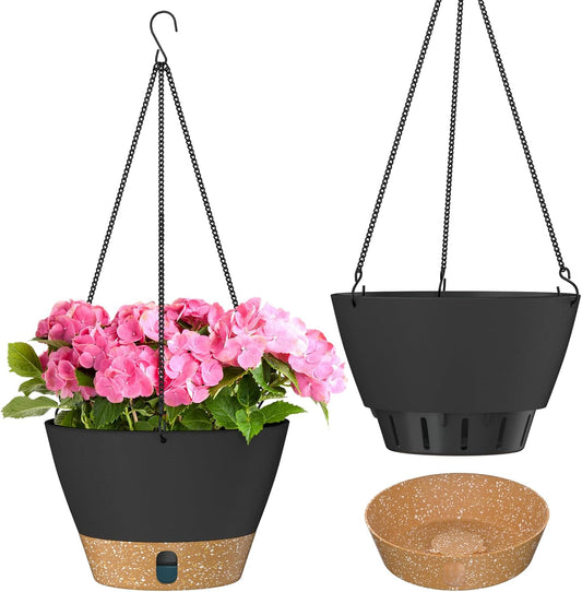 ZMTECH 8 Inch Hanging Planters for Indoor Plants, Hanging Baskets for Plants Outdoor with Visible Water Level, Hanging Flower Pots with Drainage Holes & Removable Tray(2 Pack, Gray)
