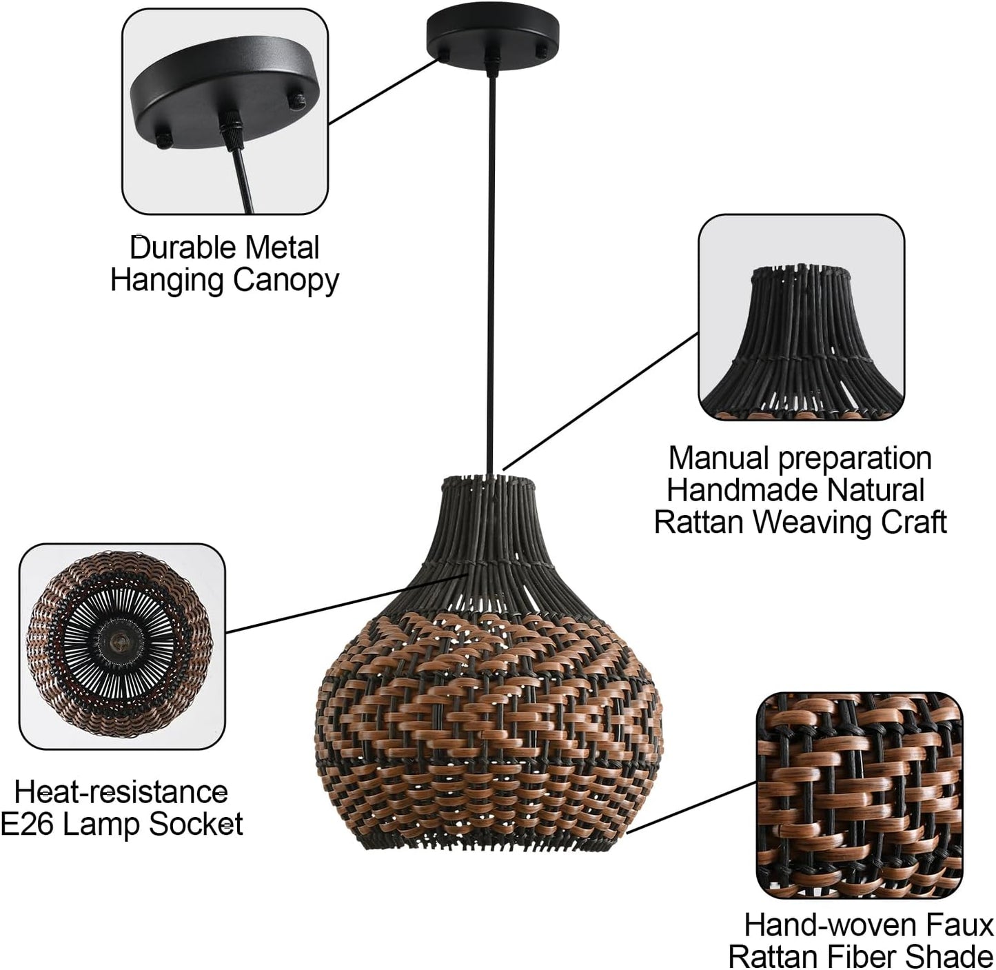 3-Pack Rattan Pendant Light 10.24" Hand-Woven Black Brown Fax Rattan Basket Chandelier Mini Boho Wicker Hanging Lamp for Dining Living Bedroom Kitchen Farmhouse