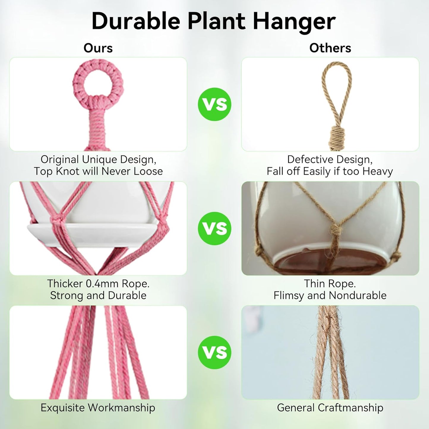 USLAI Macrame Plant Hanger Indoor Outdoor, Up to 4-15 inch Pot, Heavy 20lb Planters, Extra Long Strong Hanging Planter Basket Holder, Boho Home Decor, 35+72 Inch, Pink (POTS NOT Included)