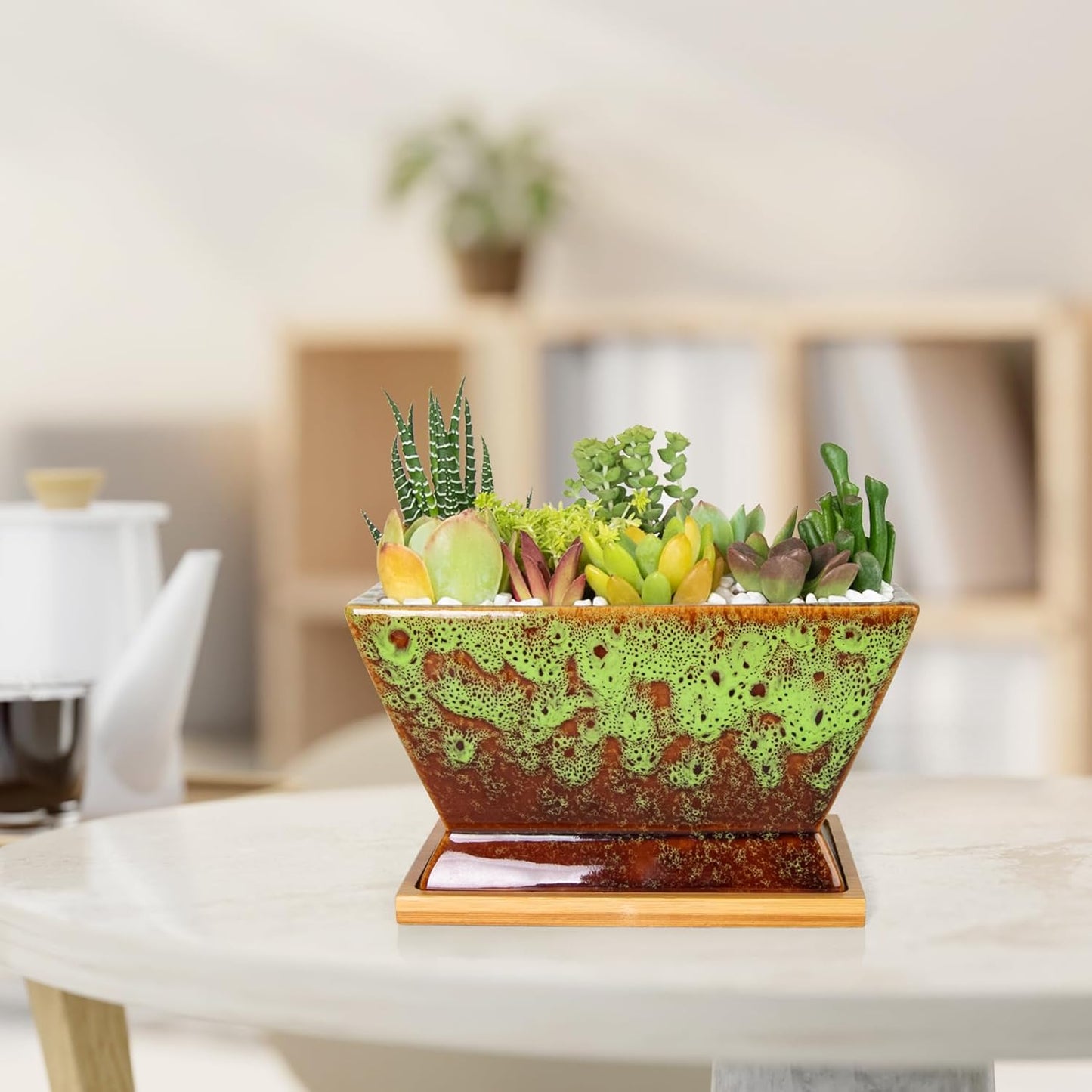 ARTKETTY Succulent Pots - 7 Inch Large Plant Pot with Drainage Tray, Shallow Ceramic Pots for Indoor Plants, Modern Cactus Bonsai Plant Container Decorative Home Office