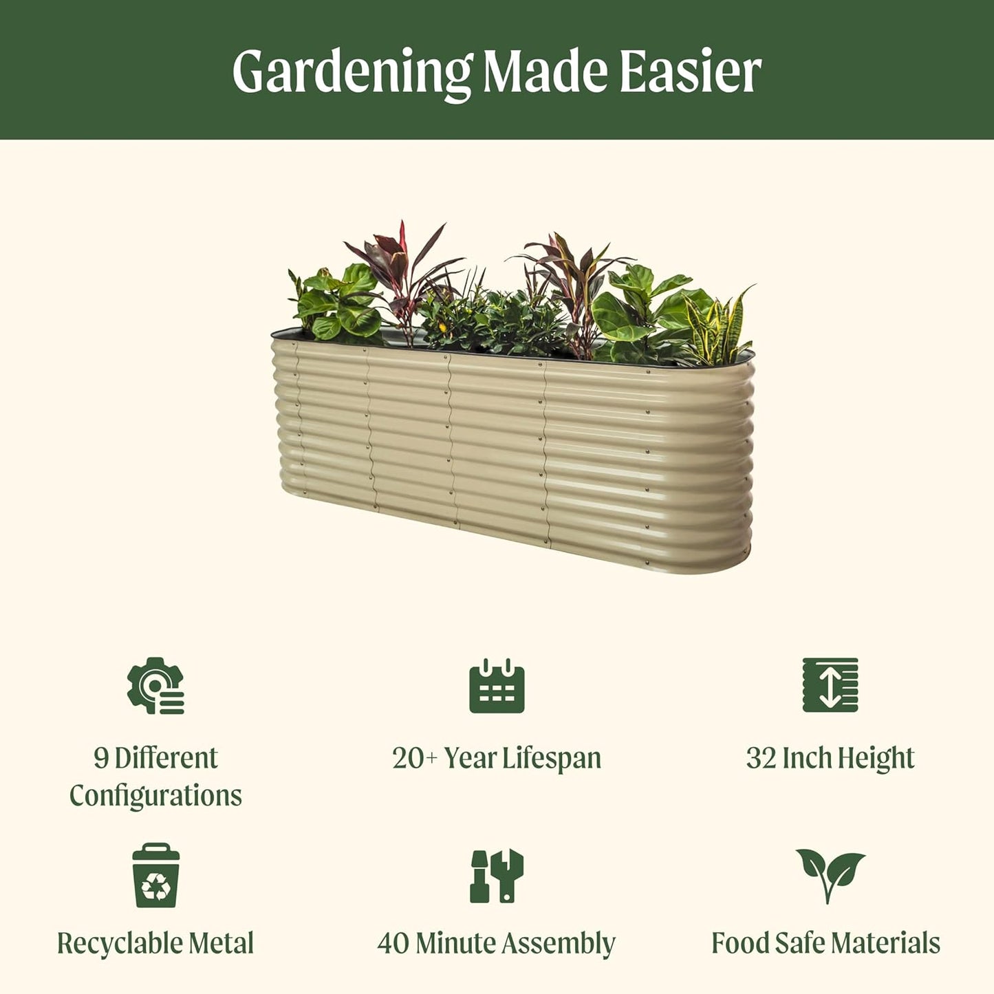 Vego garden 32" Extra Tall Raised Garden Bed Kits, 9 in 1 Modular Raised Planter Box for Vegetables Flowers Fruits Oval Metal Raised Garden Bed, Sunlit Oak