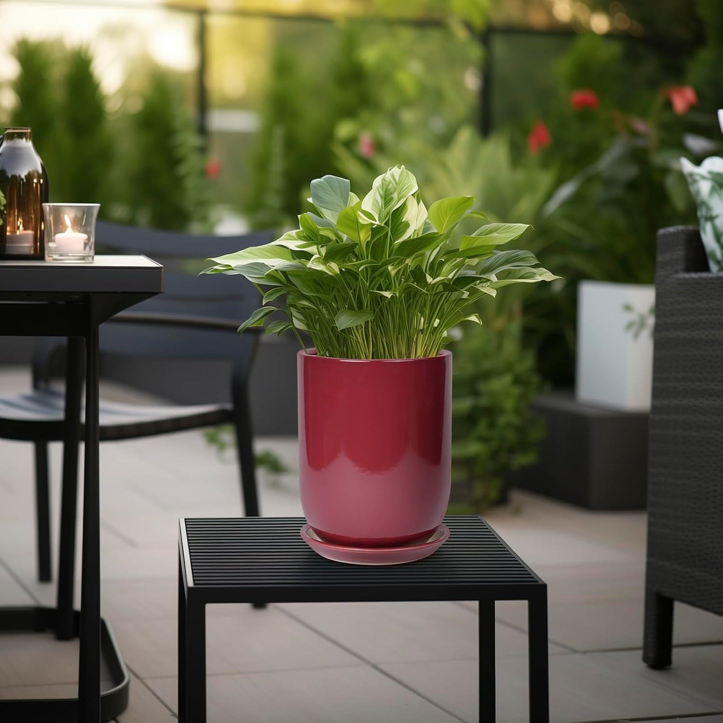 Ceramic Pot for Plants - 8 Inch Plant Pot Indoor with Drainage Hole and Saucer Cylinder Flower Pot for Indoor Outdoor Plants Home Patio Office Decor Red