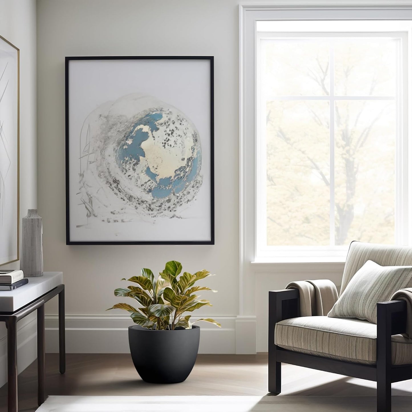 Kante 14.2 Inch Round Concrete Planter - Classic Large Indoor/Outdoor Plant Pot with Drainage Hole and Rubber Plug, Suitable for Gardens and Patios, Black