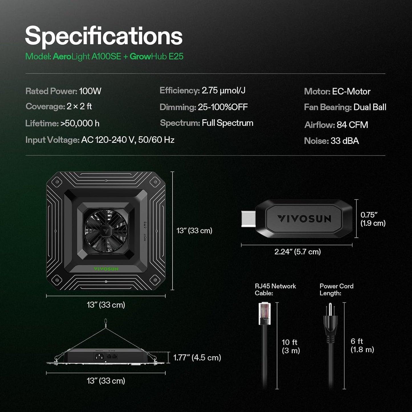 VIVOSUN AeroLight A100SE, LED Grow Light 100W with Integrated Circulation Fan & GrowHub Controller E25, Compatible with App and E42A, 2x2/2x4 Coverage, Establish an Intelligent Grow Environment