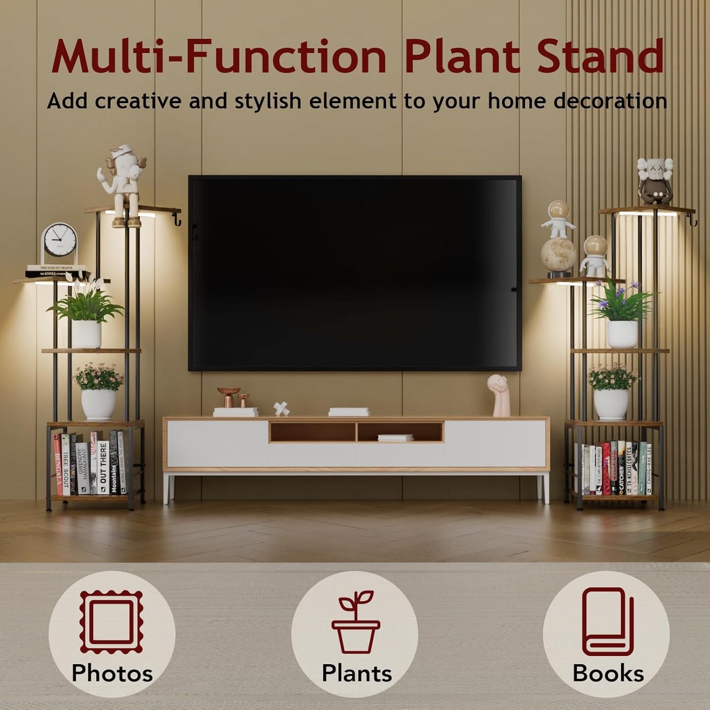 Plant Stand Indoor with Grow Light, 5-Tiered Tall Plant Stand Indoor, Metal Plant Shelf with Hanging Basket Hook and Adjustable Light, Ideal for Living Room, Garden, Patio,Brown and Black（2 pcs ）