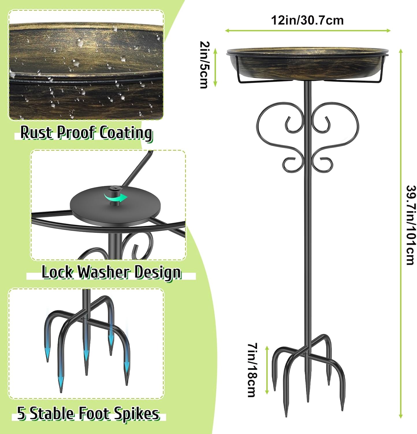 Bird Bath for Outside,Freestanding Metal Bird Bath Feeder with Heavy Duty 5 Prong Stake, Garden Birdbath Birdfeeder Bowl for Yard Lawn Patio Decor (Vintage Gold)