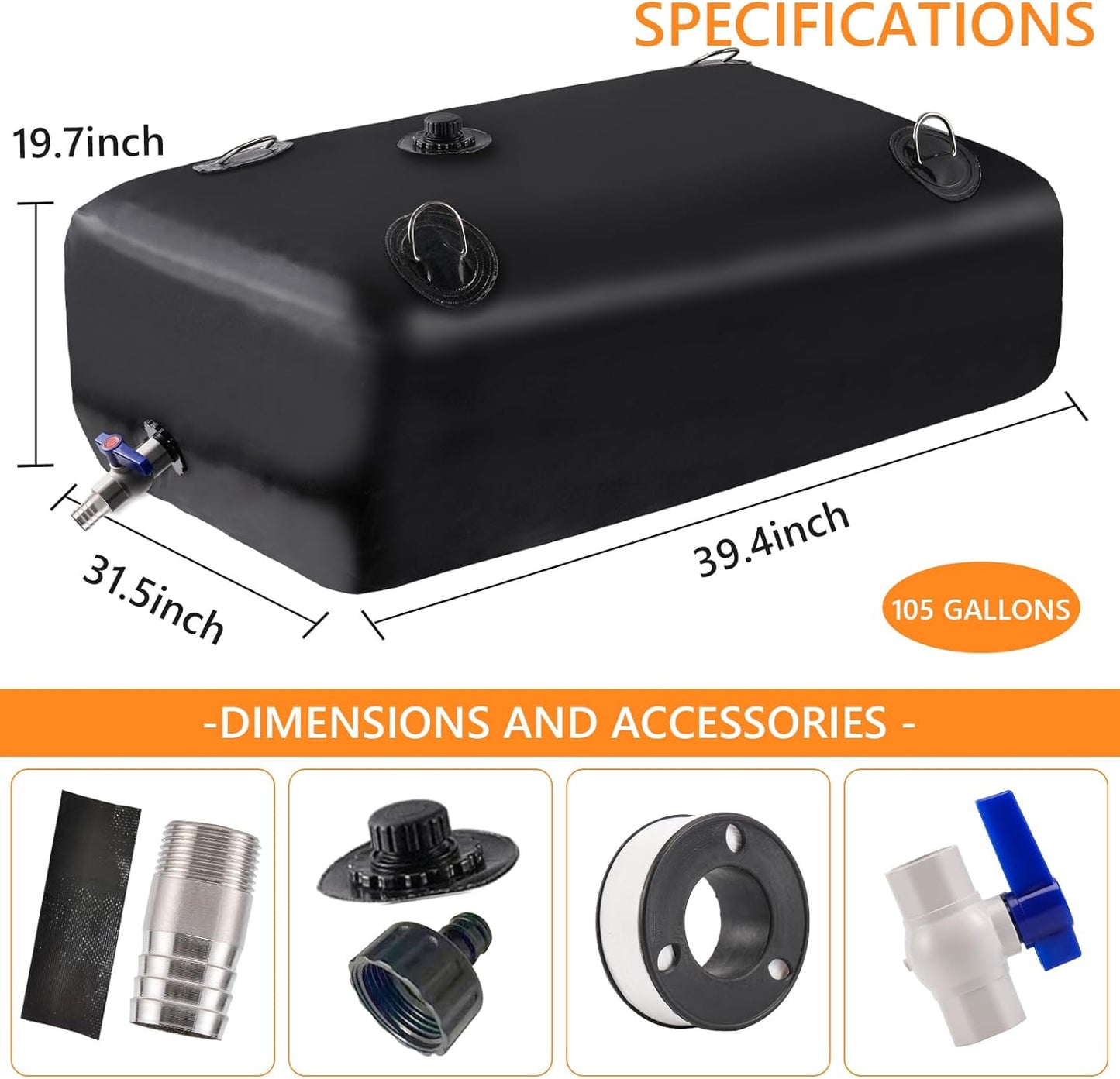 Portable Water Tank, 105 Gallon Foldable PVC Rectangular Black Water Storage Bladder with 3/4" Spigot and Hose Kit for Camping, Garden, Emergency Use