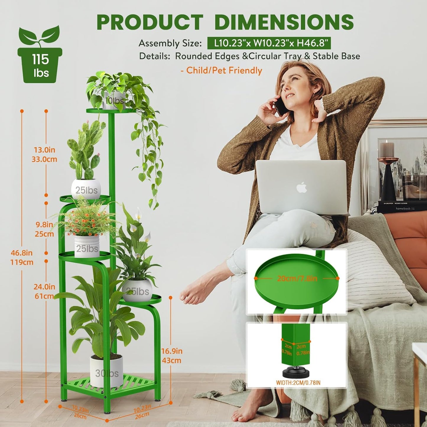 TOSKING 5 Tier Tall Plant Stand Indoor Outdoor, Heavy Duty Corner Shelf for Plants & Decor, Space Saving 3.9FT Metal Flower Pot Stand for Balcony, Garden, Living Room, Patio (Green)