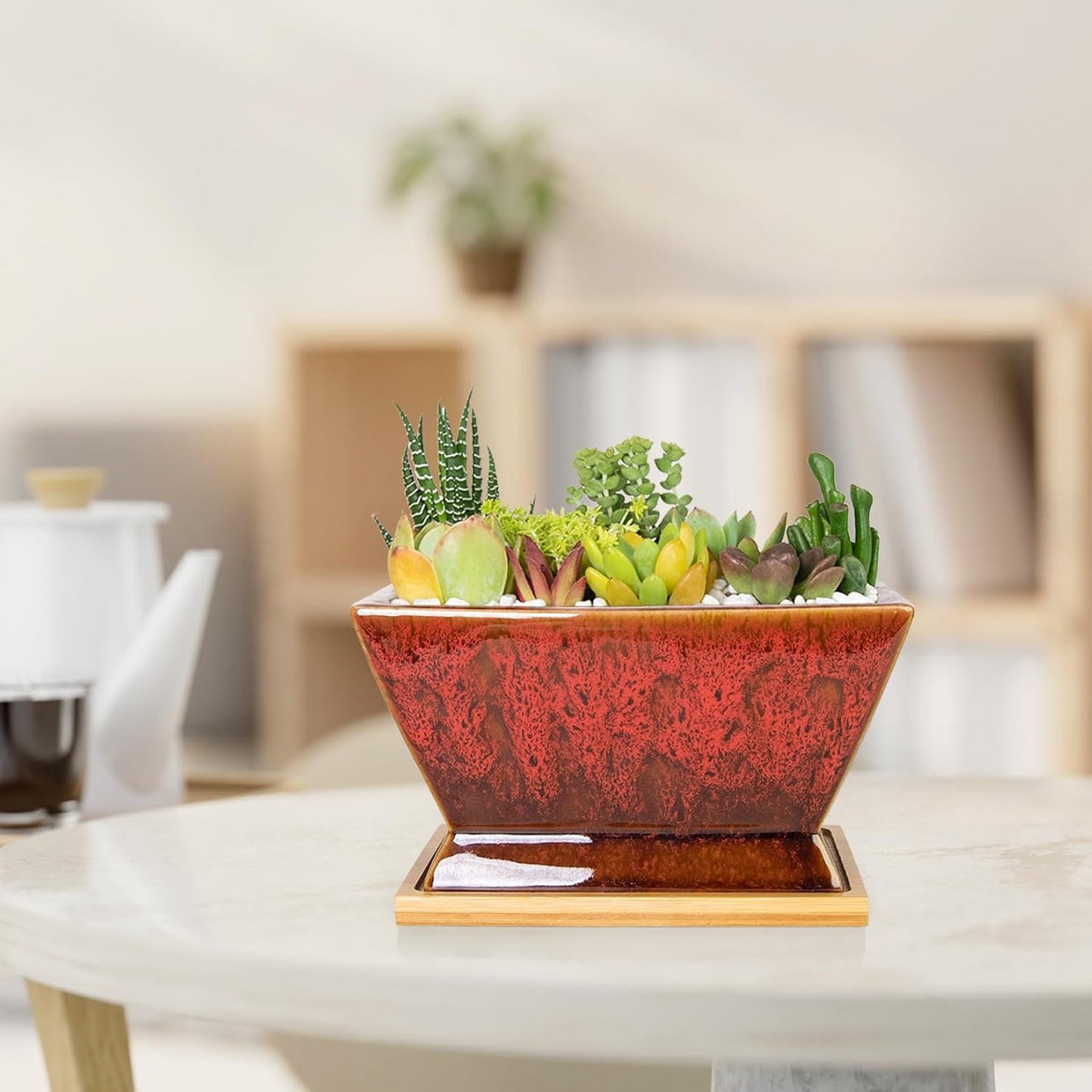 ARTKETTY Succulent Pots - 7 Inch Large Plant Pot with Drainage Tray, Shallow Ceramic Pots for Indoor Plants, Modern Cactus Bonsai Plant Container Decorative Home Office