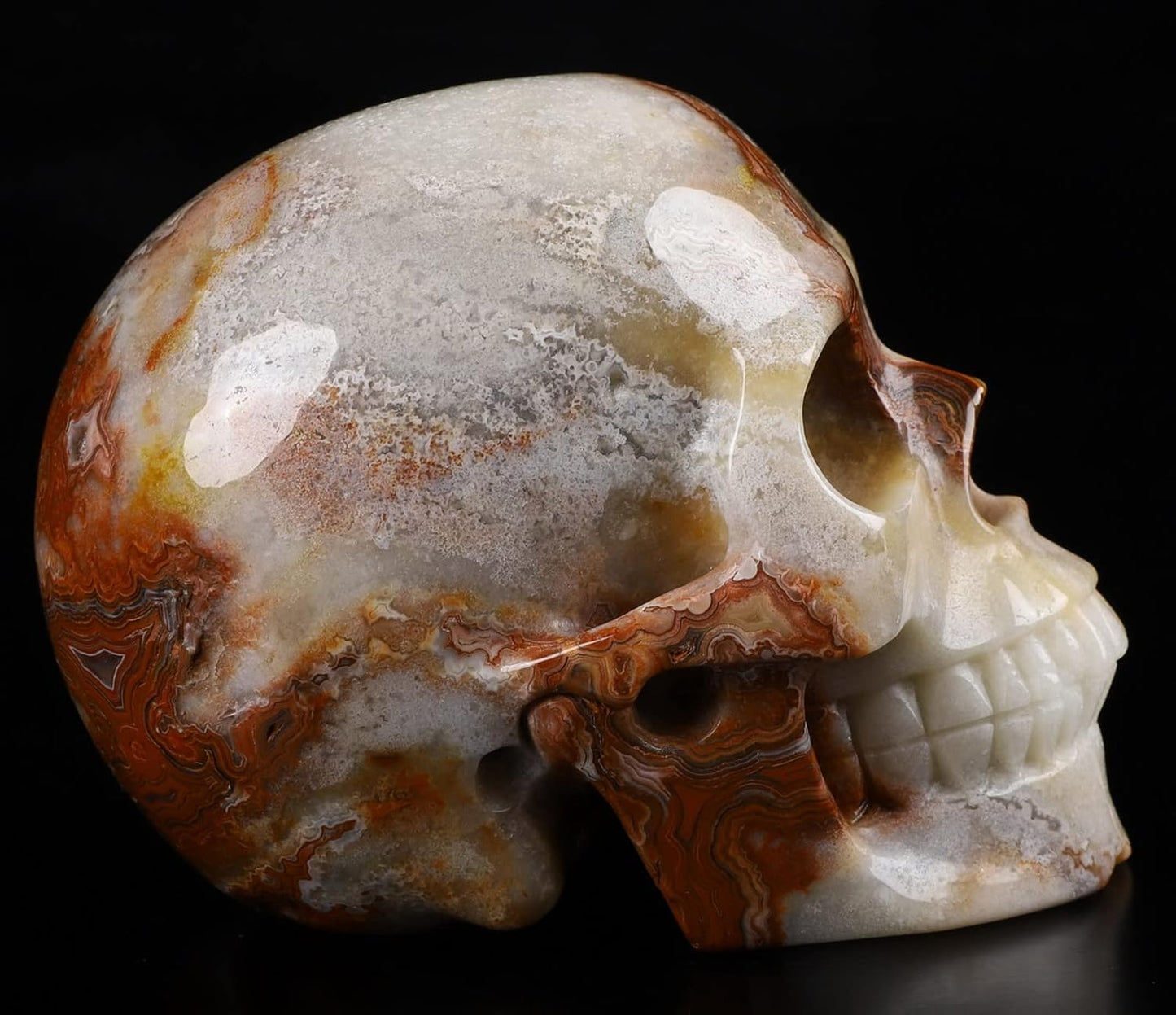 Skullis 5.0" Red Crazy Lace Agate Crystal Skull, Hand Carved Gemstone Fine Art Sculpture, Reiki Healing Stone Statue.397 Z8