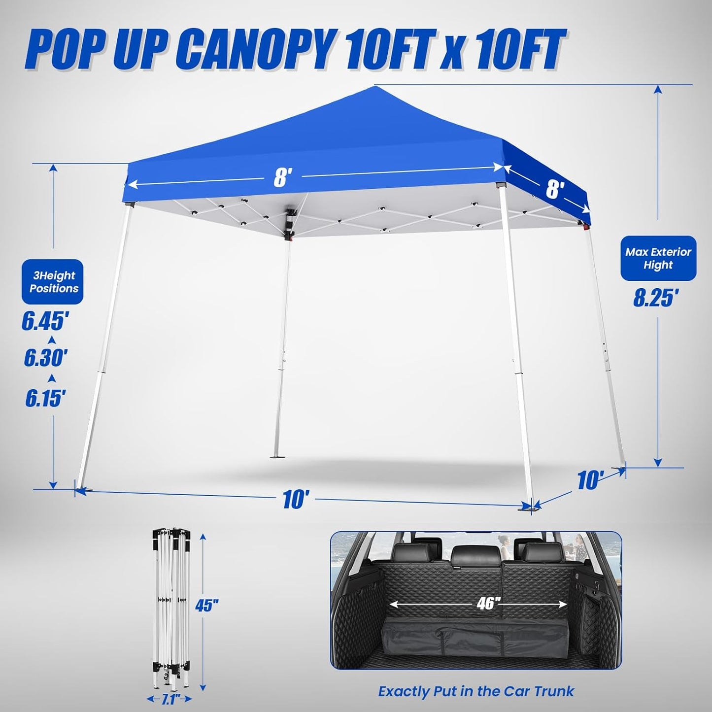 10x10 Pop Up Canopy, 300D Silver Coated Blue Fabric Outdoor Gazebo, Beach Tent Slant Legs with Storage Bag,Easy Up Sun Shade Shelter Tents with 8x8 Top Cover for Patio,Party