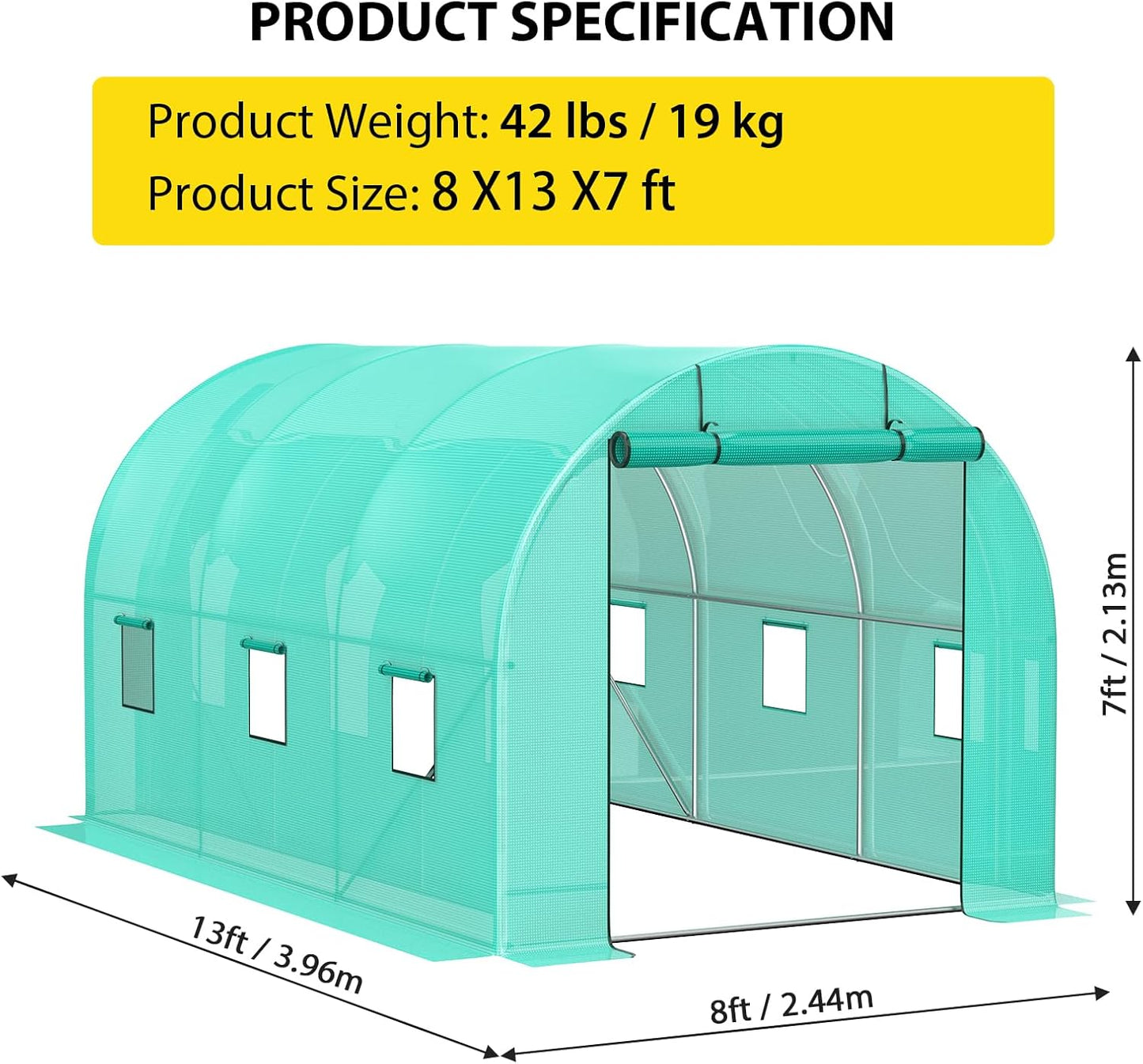 Compact Greenhouse Kit 8'x13'x7' with Galvanized Frame, 140G Green PE Cover, 2 Doors & 6 Windows for Outdoor Gardening