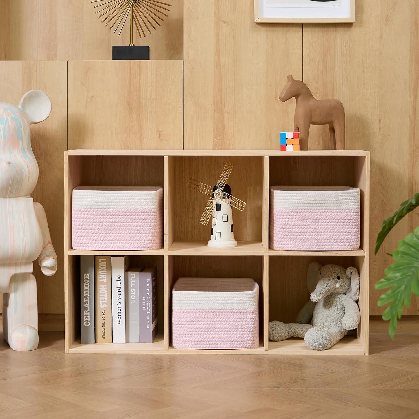 Small Organizing Baskets for Cubes Shelf, 9.7x9.7x7.1 Inch Rope Woven Storage Bins for Nursery Shelves Storage, Cute Toy Basket, Square 3 Packs Off White Pink