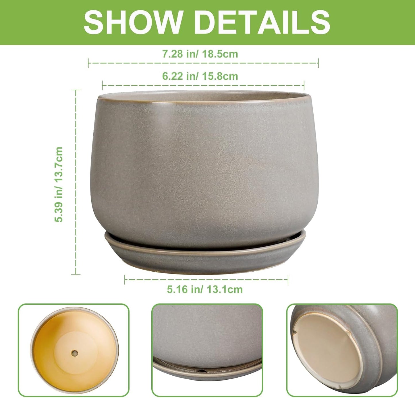 G EPGardening Ceramic Pots for Plants 7 Inch - Large Ceramic Planters for Indoor Plants Outdoor Modern Flower Pot with Drainage Holes and Saucer for Office Garden Patio Grey