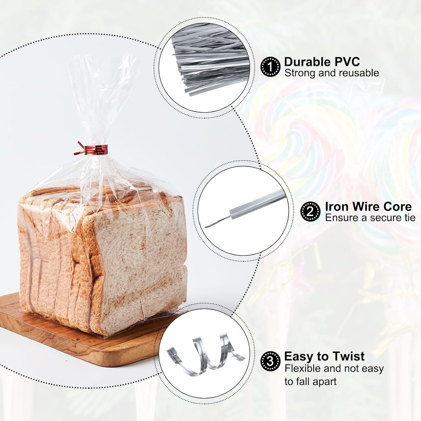 HARFINGTON 800pcs Bag Twist Ties 4.7" Reusable Plastic Metallic Twist Ties Wire Cable Ties for Party Bread Candy Cake, Silver