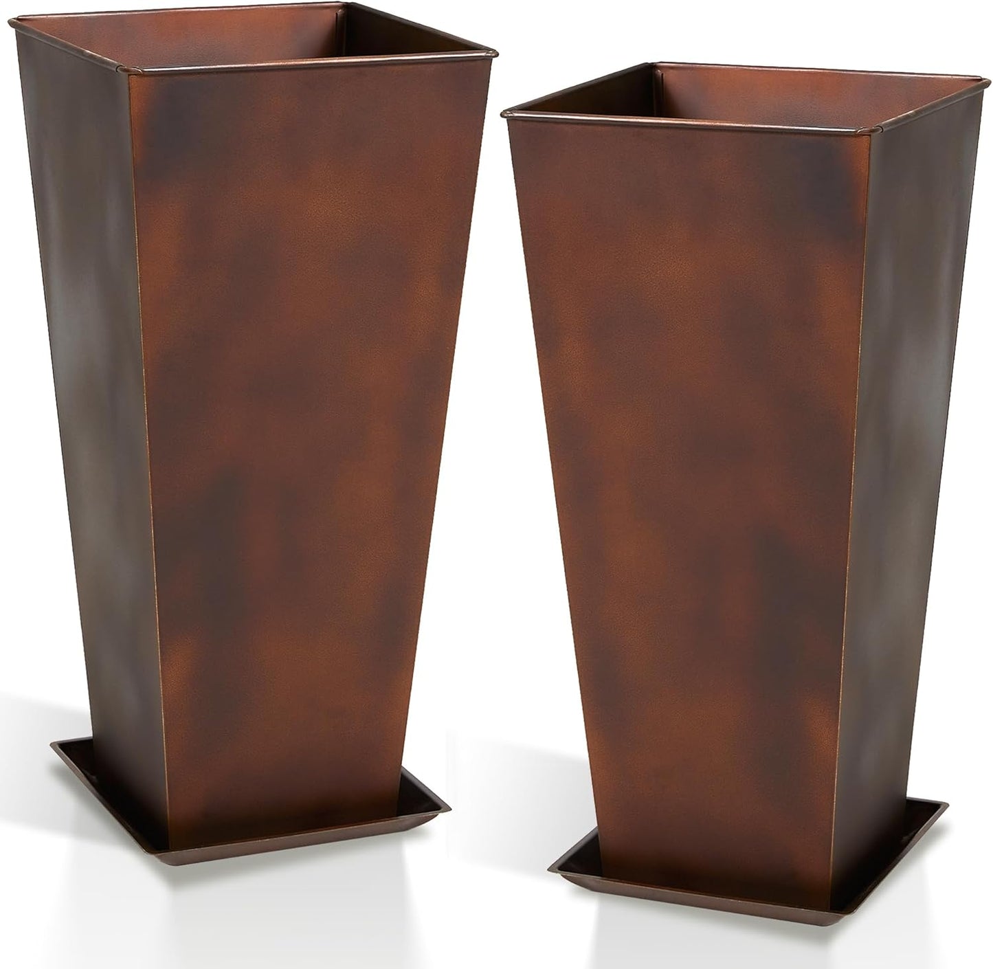 Worth Garden 12" Dia x 25" H Large Metal Planter Set of 2, Matte Bronze Retro Finish Tall Square Tapered Steel Plant Pots, Decor Flower Pot Indoor & Outdoor, Drainage Hole & Dual-Purpose Plant Saucer