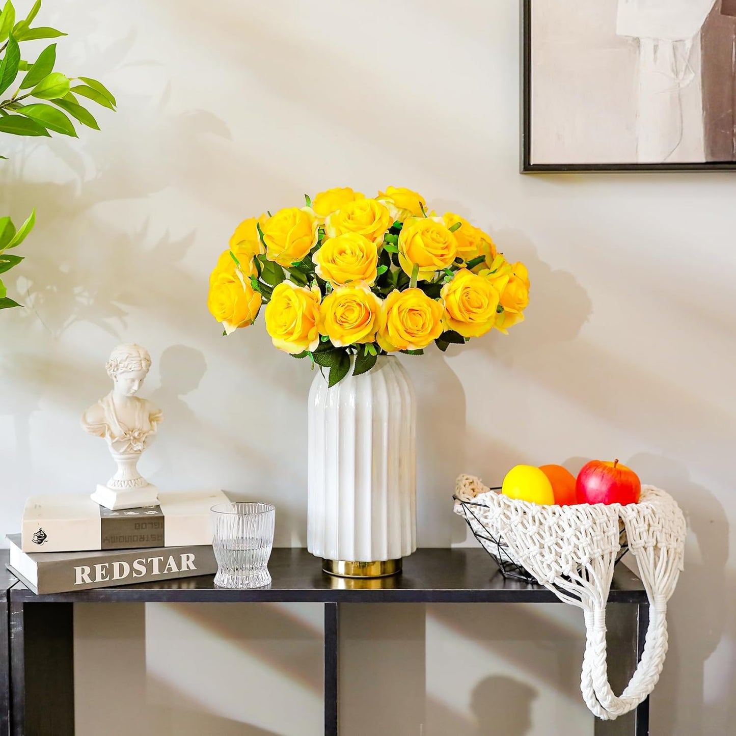 Yellow Fake Roses Artificial Flowers - 16 Pcs Fake Artificial Roses Silk Flowers with Stems for Home Wedding Hotel Office Centerpiece Decor